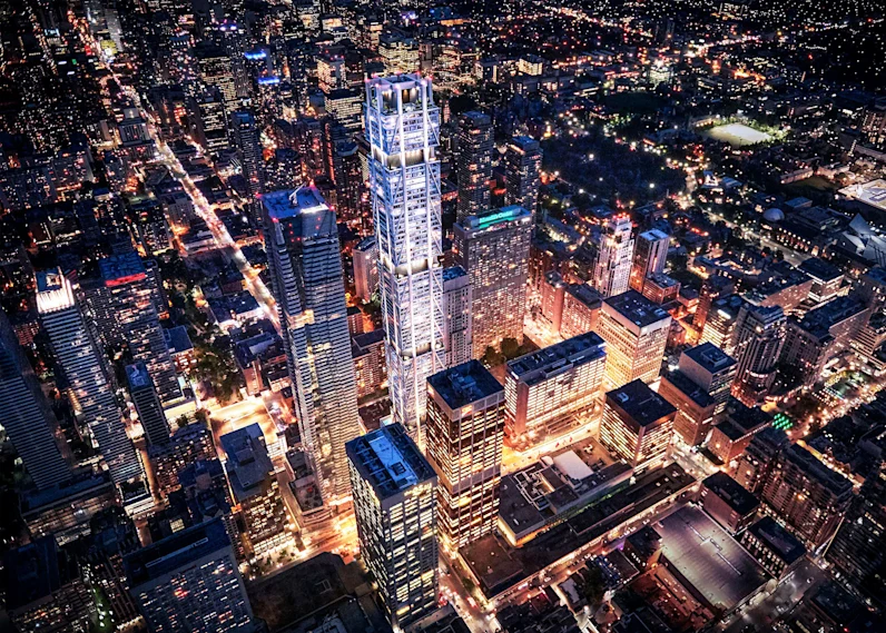 One Bloor West supertall tower, Toronto – aerial view at Yonge and Bloor