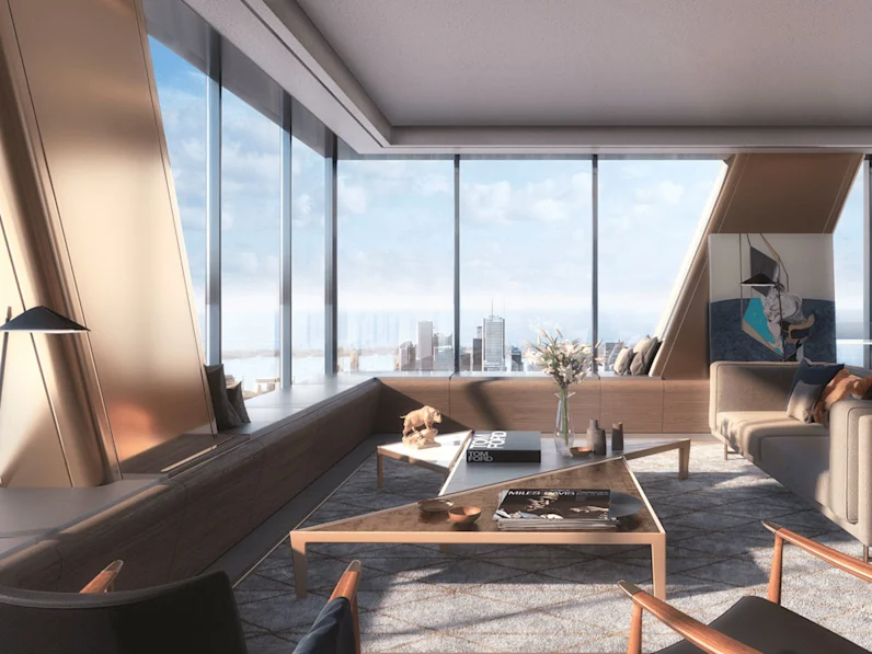One Bloor West condo suite living room with floor-to-ceiling windows
